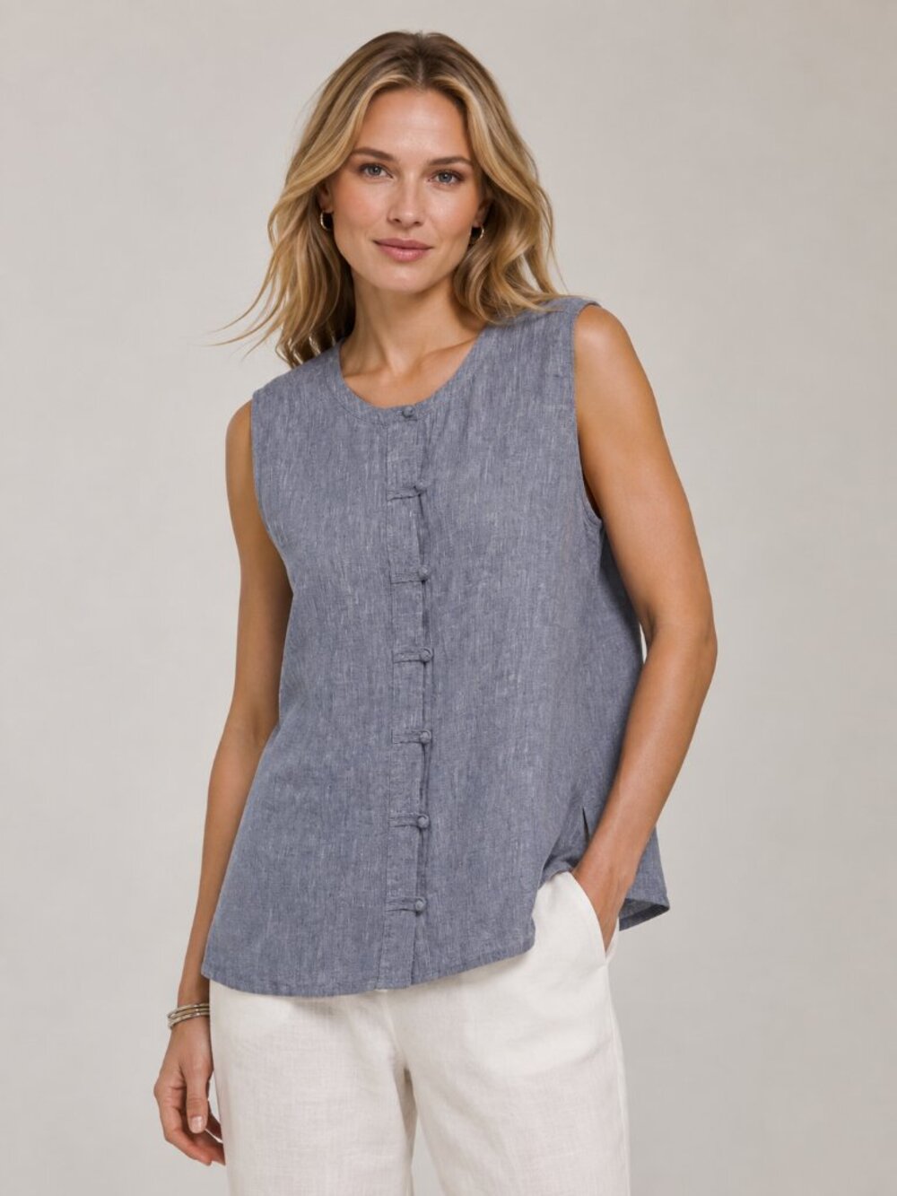 J. Jill Love Linen Dusty Blue Sleeveless Frog Closure Tunic Top 2XL